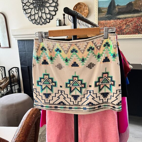 Express Skirt Womens Size S/P Tan Sequin Aztec Mini Sparkle Glam Summertime - Picture 13 of 13